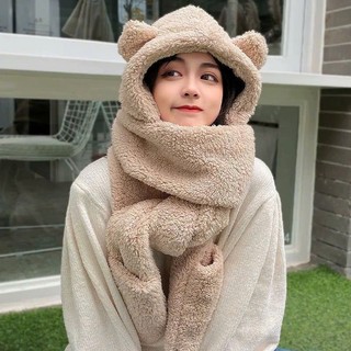 mũ lông tai gấu kèm khăn quàng và bao tay 3in1 ,Kiểu dáng dễ thương, 2 lớp dày dặn giữ ấm
