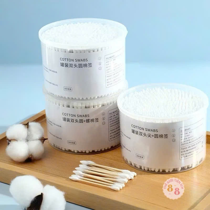 HỘP 500 TĂM BÔNG THÂN GỖ - Hộp Lớn 500 Que Tăm Bông Y Tế - Tăm Bông Trang Điểm- Spa - Bông Ngoáy Tai Que Gỗ