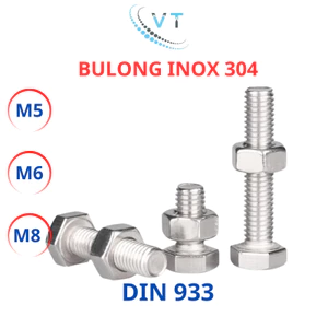 Bulong + Tán Inox 304 M5 M6 M8 - Dài 10mm đến 150mm - Lục Giác Ngoài Không Gỉ, Sáng Bóng, Chịu Lực Tốt