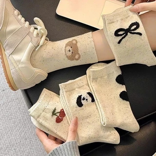 Set 5 Đôi Tất Cao Cổ Nữ Màu Muối Tiêu Họa Tiết GẤU CHERRY Phong Cách Hàn Quốc Siêu Hot MTIEU   [ J303 ]