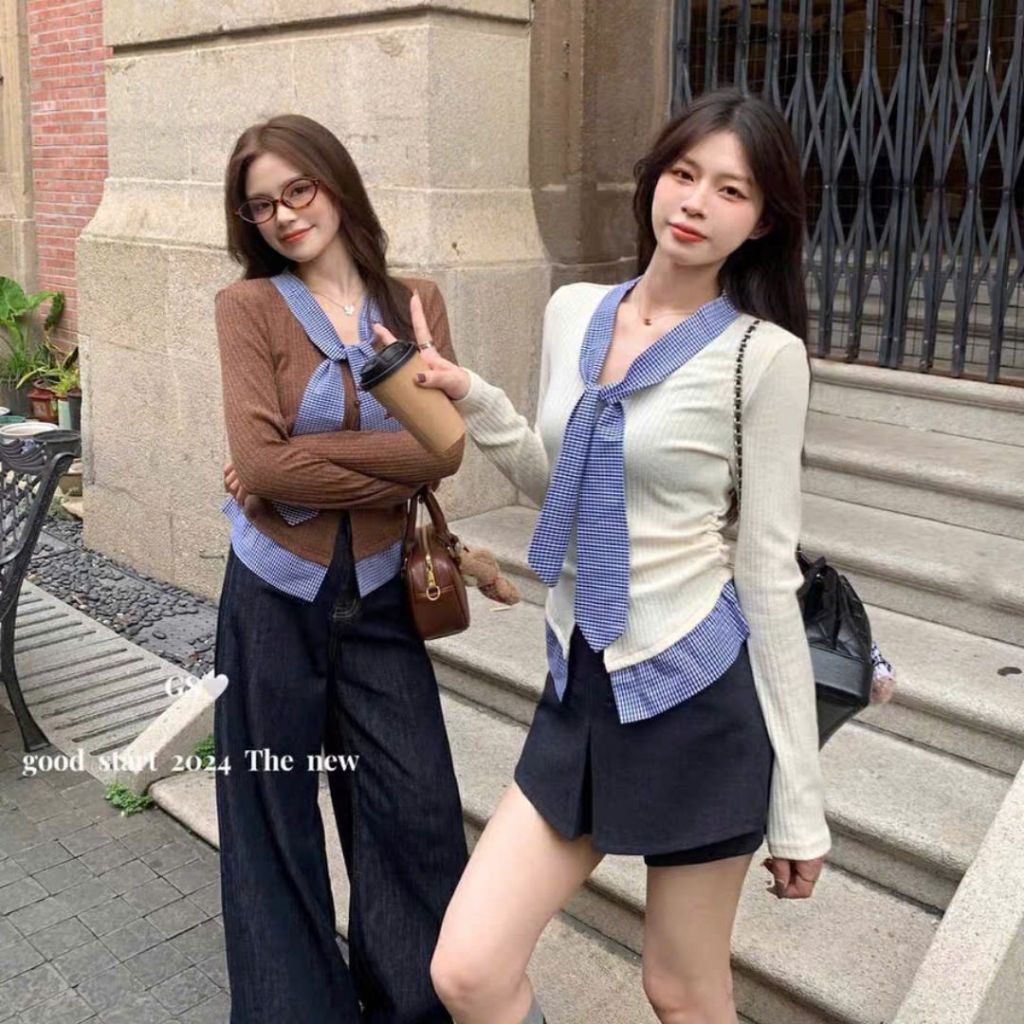 Áo thun nữ tay dài phối vải kẻ xanh Sicily phối màu rúm eo ATP1003