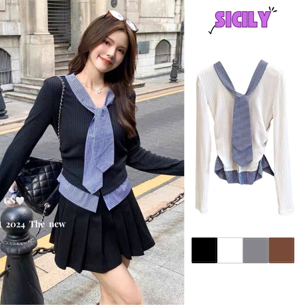 Áo thun nữ tay dài phối vải kẻ xanh Sicily phối màu rúm eo ATP1003