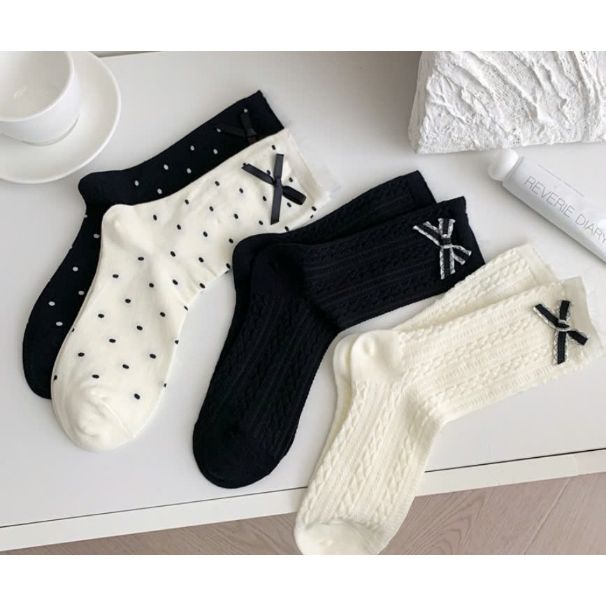 Vớ Tất nữ thêu nổi hình Nơ 4 mẫu cao cổ siêu dễ thương, xinh xắn