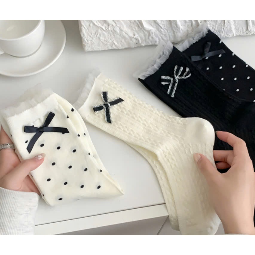 Vớ Tất nữ thêu nổi hình Nơ 4 mẫu cao cổ siêu dễ thương, xinh xắn