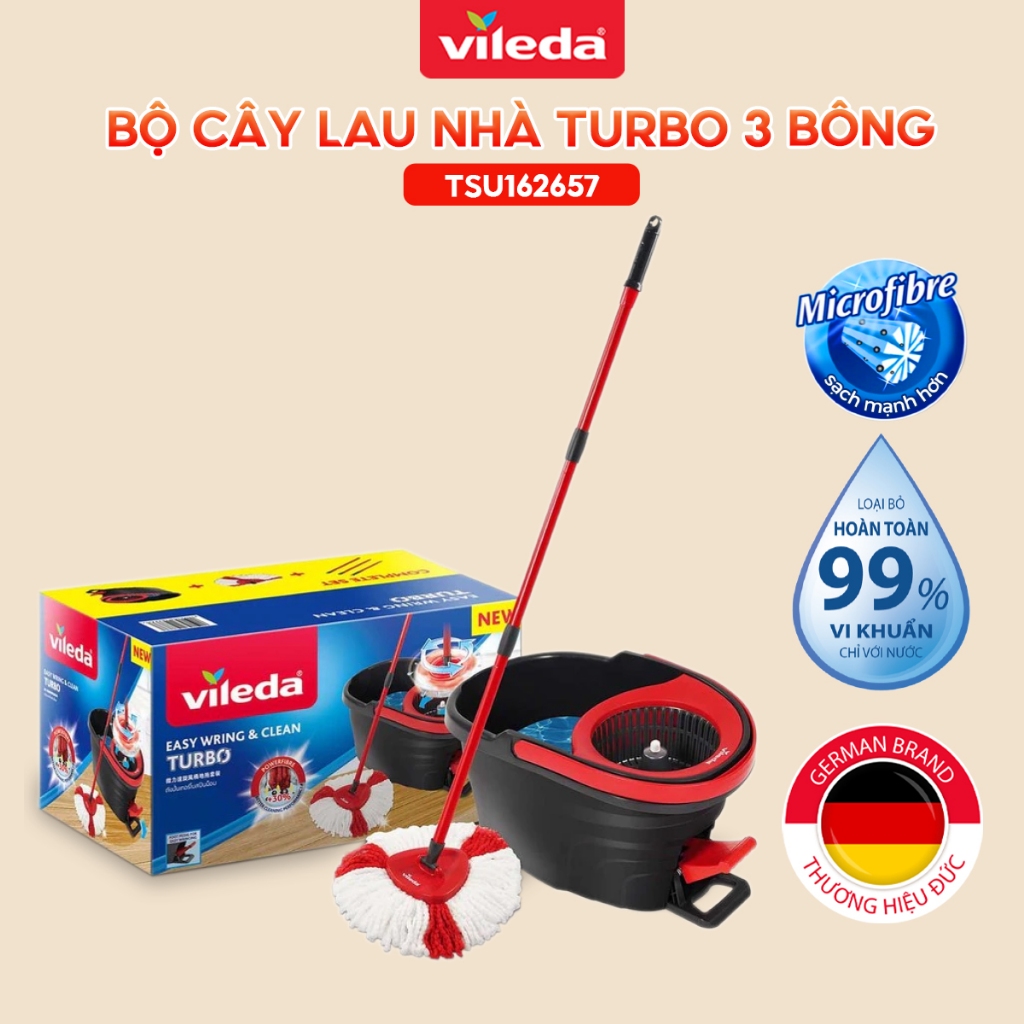 Ảnh Cây lau nhà VILEDA Turbo Easy Wring&Clean đầu lau tam giác, xô giặt quay bằng chân, + 2 bông lau (Tổng 3 bông) 2