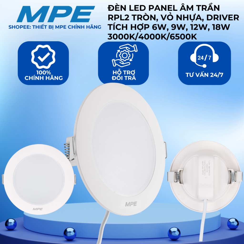 Đèn Led Panel âm trần MPE RPL2 tròn, vỏ nhựa, driver tích hợp 6W, 9W ...