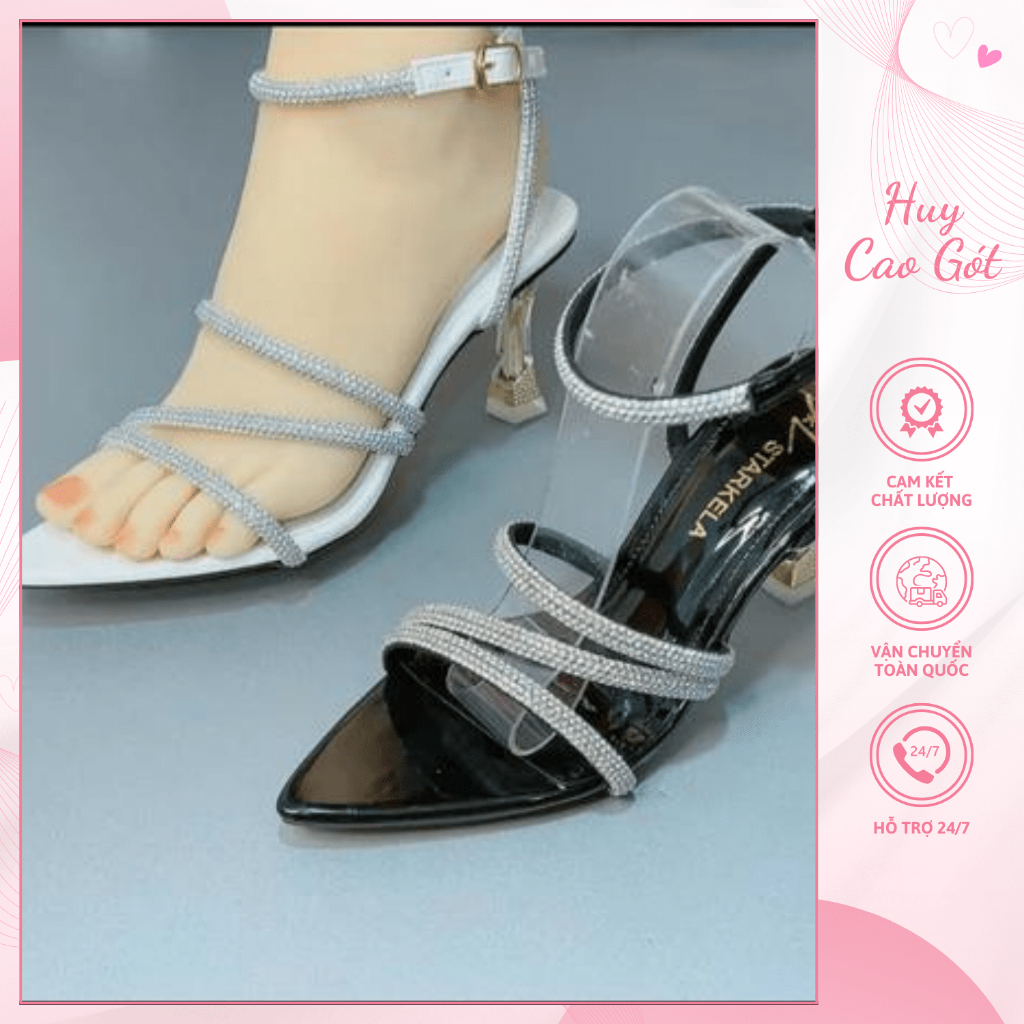 Dép quai hậu mũi nhọn 7cm,Sandal gót nhọn đính đá cao cấp 3 dây đá- Freeship toàn quốc
