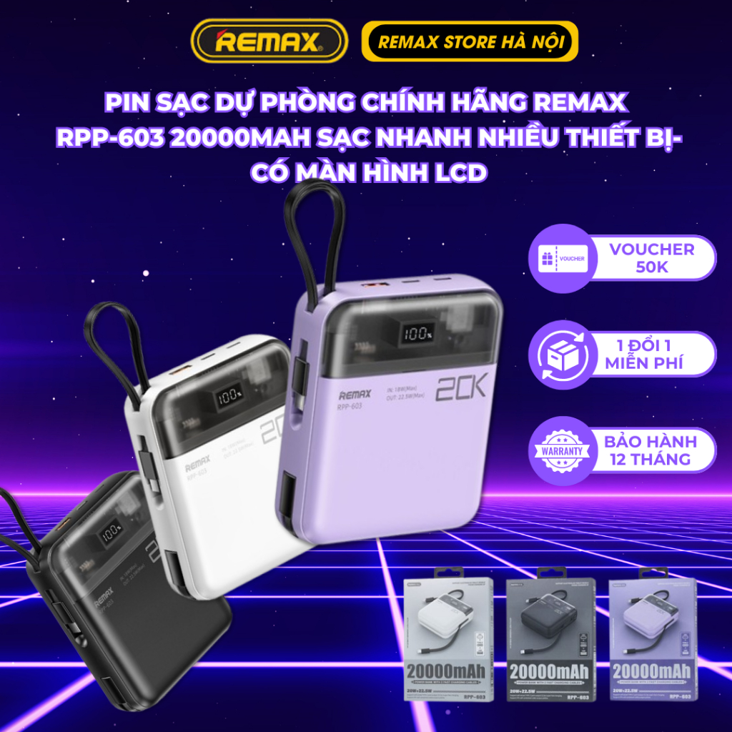 Pin sạc dự phòng Remax RPP-603 20000mah sạc nhanh 22.5W, nhiều thiết bị ...