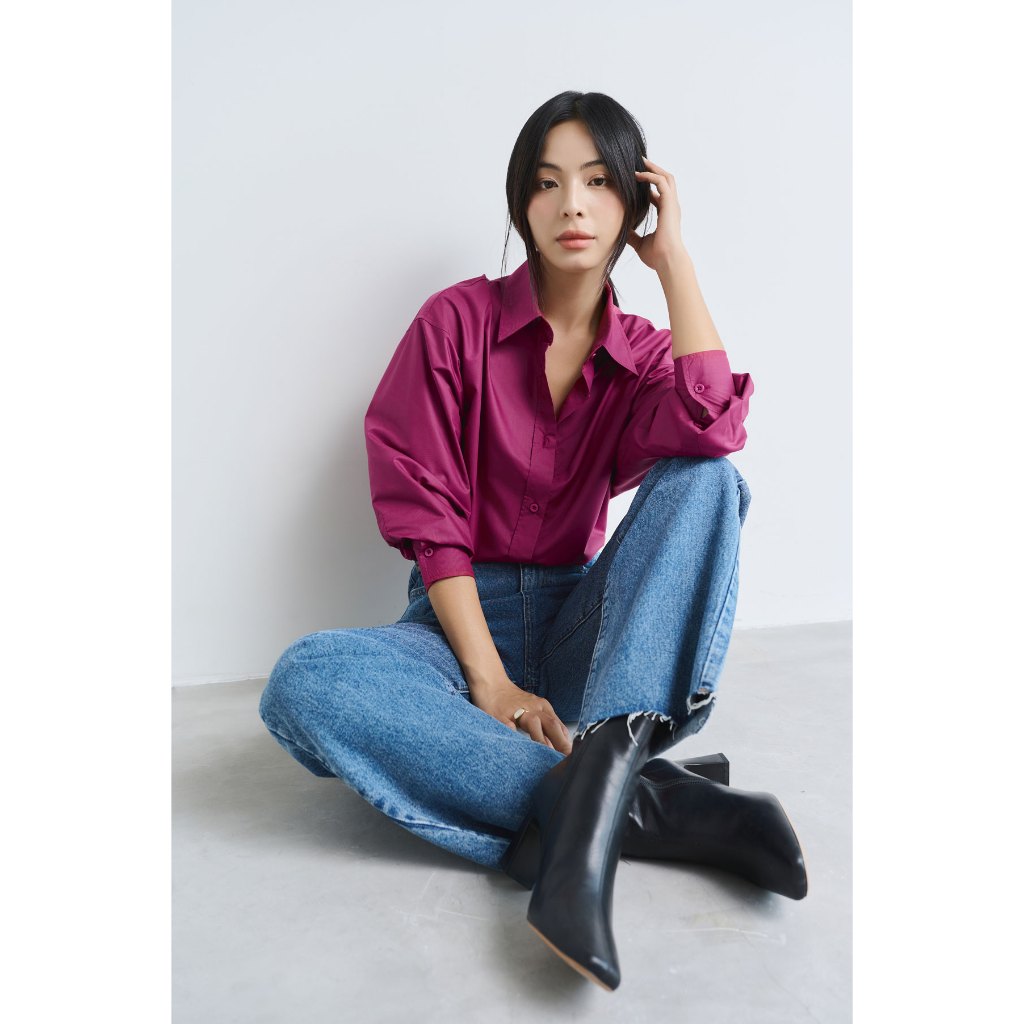 Ảnh Áo sơ mi nữ GILLEE dáng oversized, sơ mi form rộng vải kate Mỹ tone hồng xinh xắn, dễ thương 4