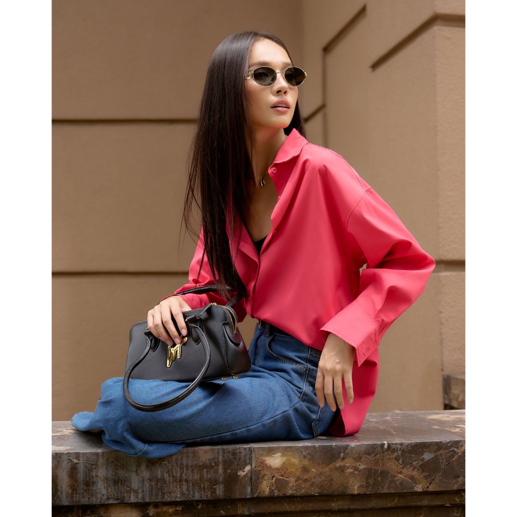 Ảnh Áo sơ mi nữ GILLEE dáng oversized, sơ mi form rộng vải kate Mỹ tone hồng xinh xắn, dễ thương 2