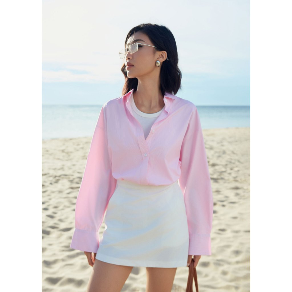 Ảnh Áo sơ mi nữ GILLEE dáng oversized, sơ mi form rộng vải kate Mỹ tone hồng xinh xắn, dễ thương 3