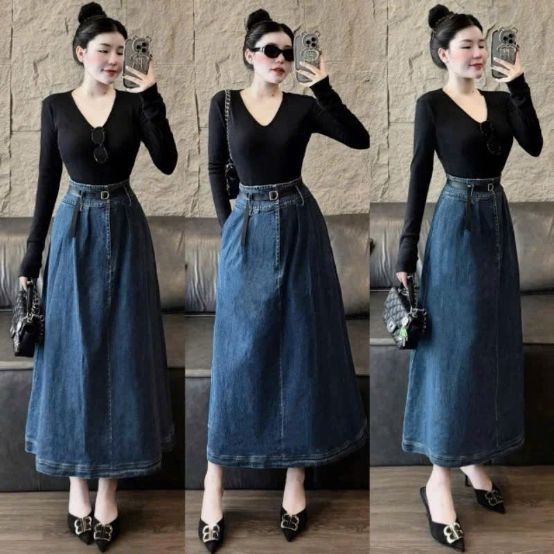 L31- sét váy giả jean, áo tay dài cổ tim chất thun tăm, váy giả jean dáng dài kèm nịt thời trang