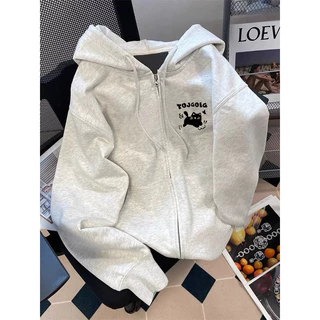 Áo hoodie zip MÈO TOJGOIG nam nữ unisex màu xám tiêu form rộng mũ to 2 lớp