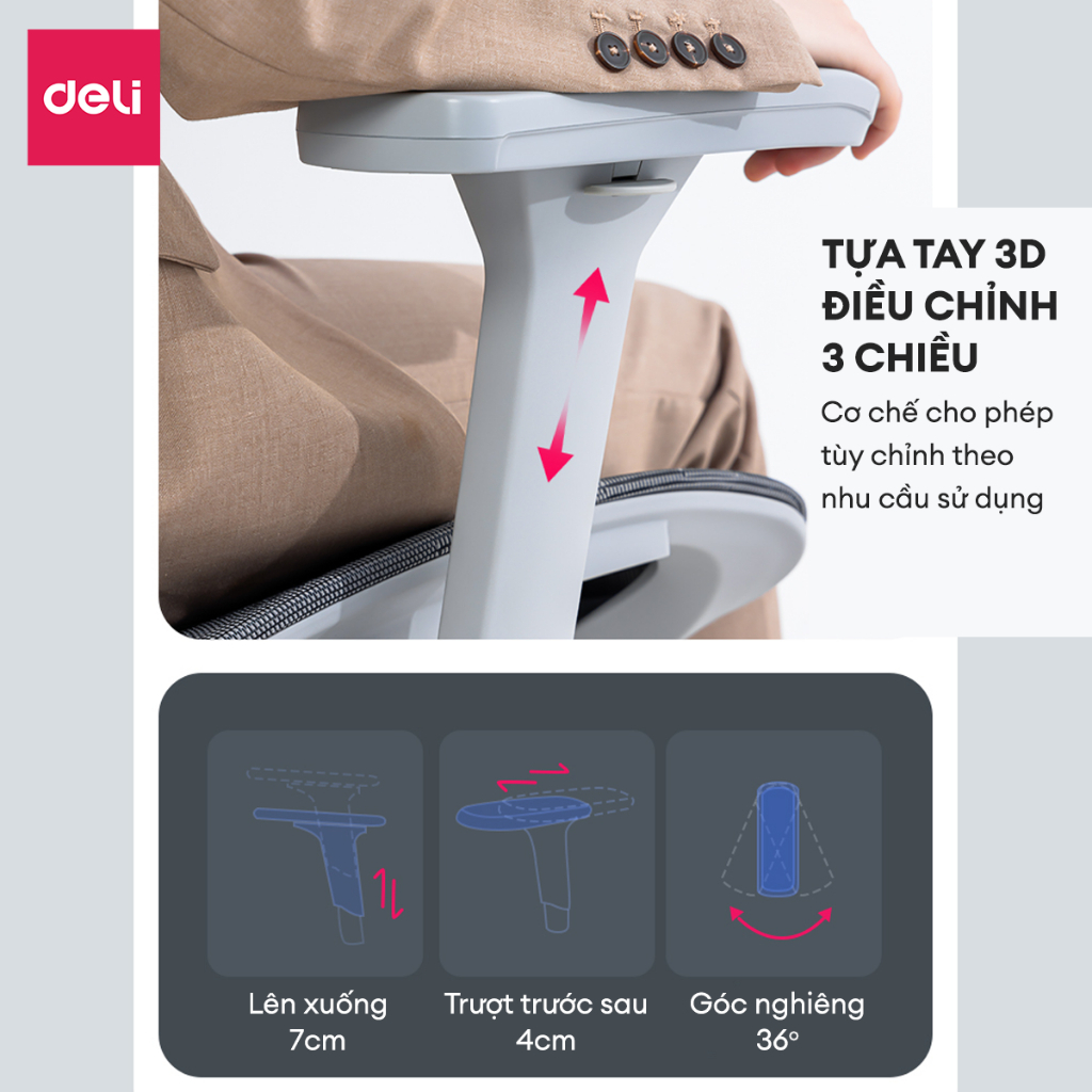 Ghế Công Thái Học DELI Hỗ Trợ Cột Sống Bệ Tì Tay Tựa Lưng 3D Lưới Vân Rồng Có Gác Chân Ngả Lưng
