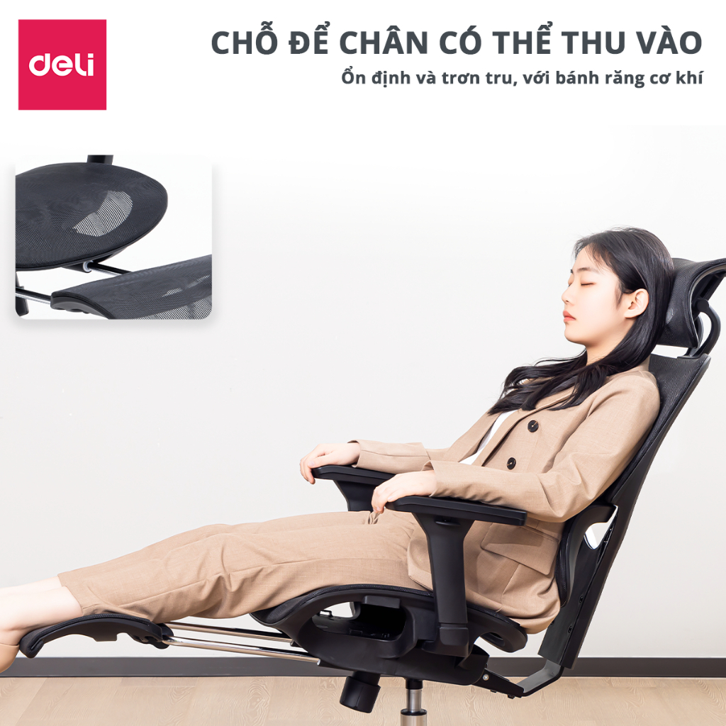 Ghế Công Thái Học DELI Hỗ Trợ Cột Sống Bệ Tì Tay Tựa Lưng 3D Lưới Vân Rồng Có Gác Chân Ngả Lưng