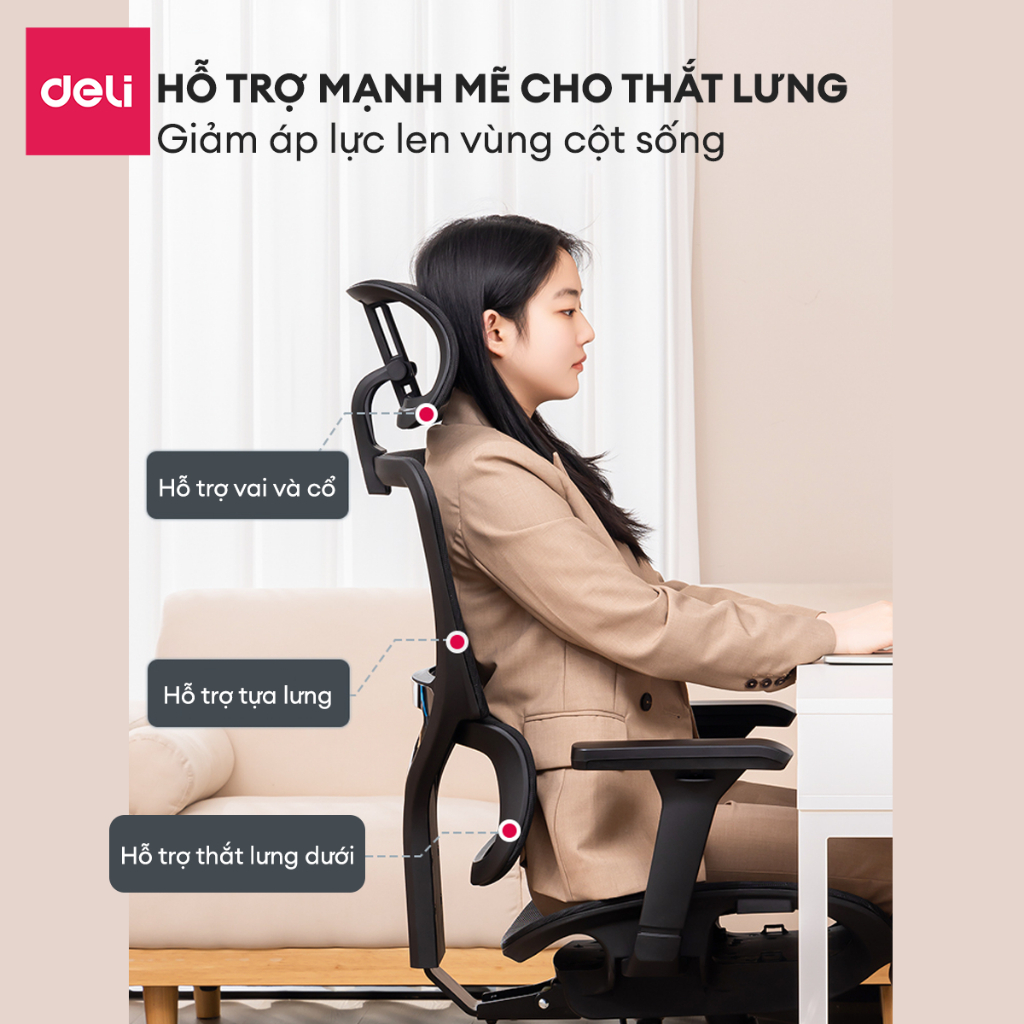 Ghế Công Thái Học DELI Hỗ Trợ Cột Sống Bệ Tì Tay Tựa Lưng 3D Lưới Vân Rồng Có Gác Chân Ngả Lưng