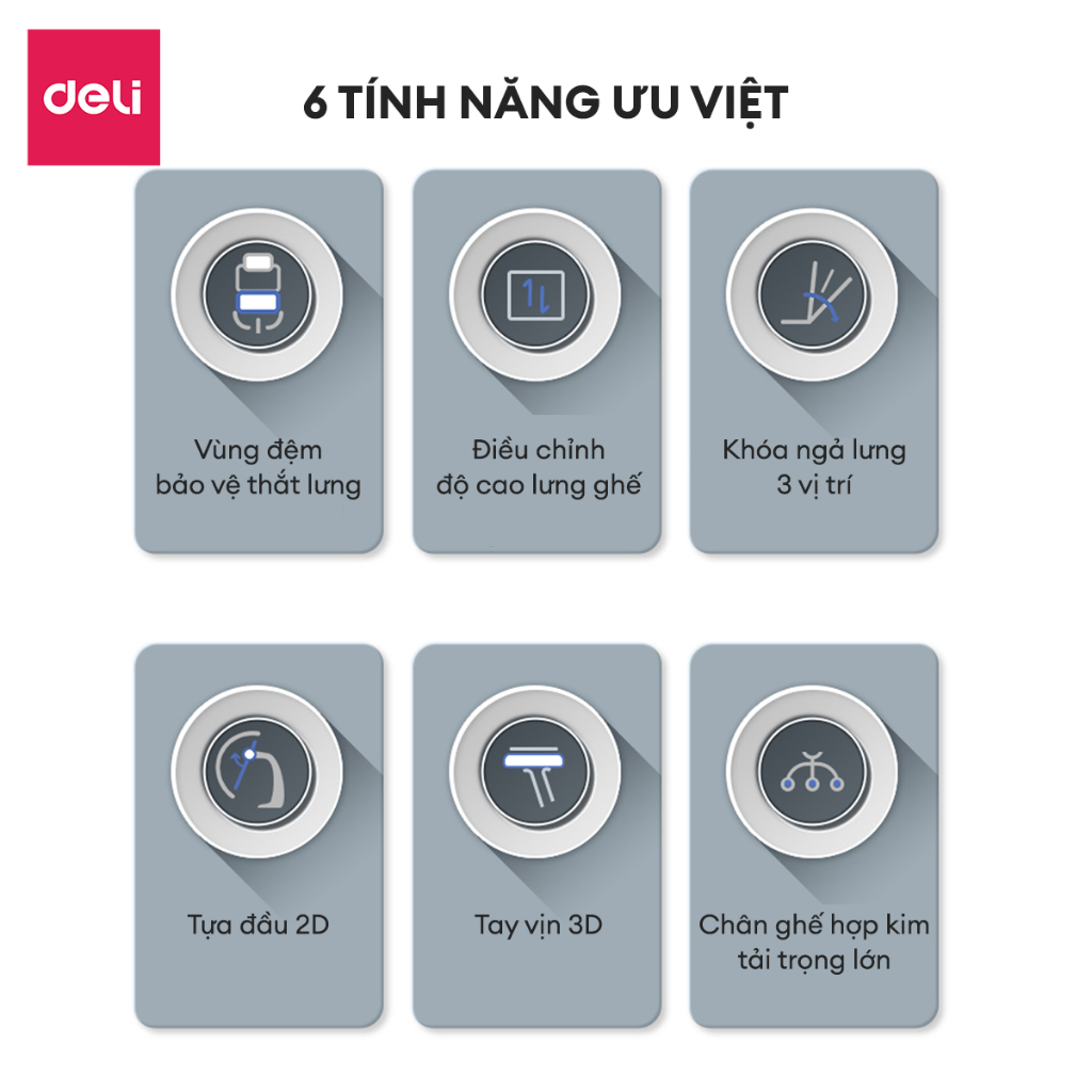 Ghế Công Thái Học DELI Hỗ Trợ Cột Sống Bệ Tì Tay Tựa Lưng 3D Lưới Vân Rồng Có Gác Chân Ngả Lưng