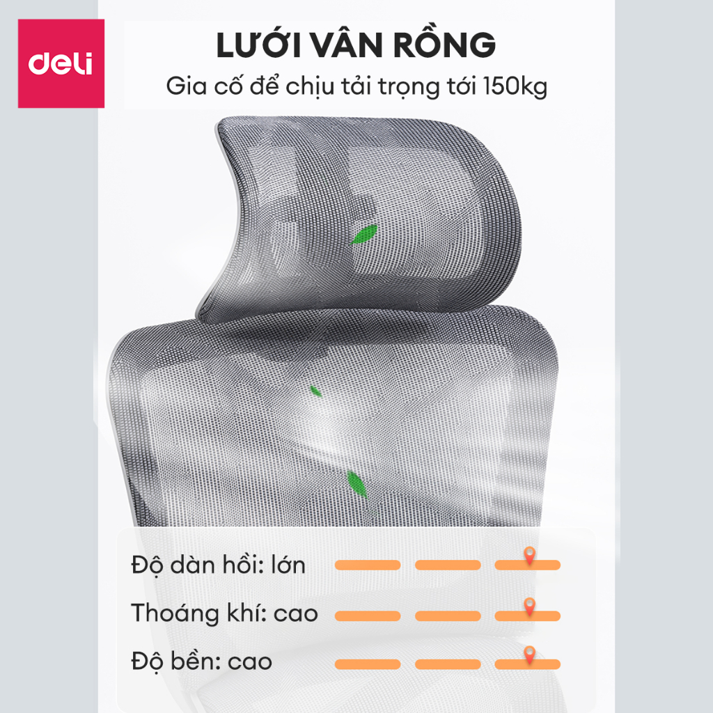 Ghế Công Thái Học DELI Hỗ Trợ Cột Sống Bệ Tì Tay Tựa Lưng 3D Lưới Vân Rồng Có Gác Chân Ngả Lưng