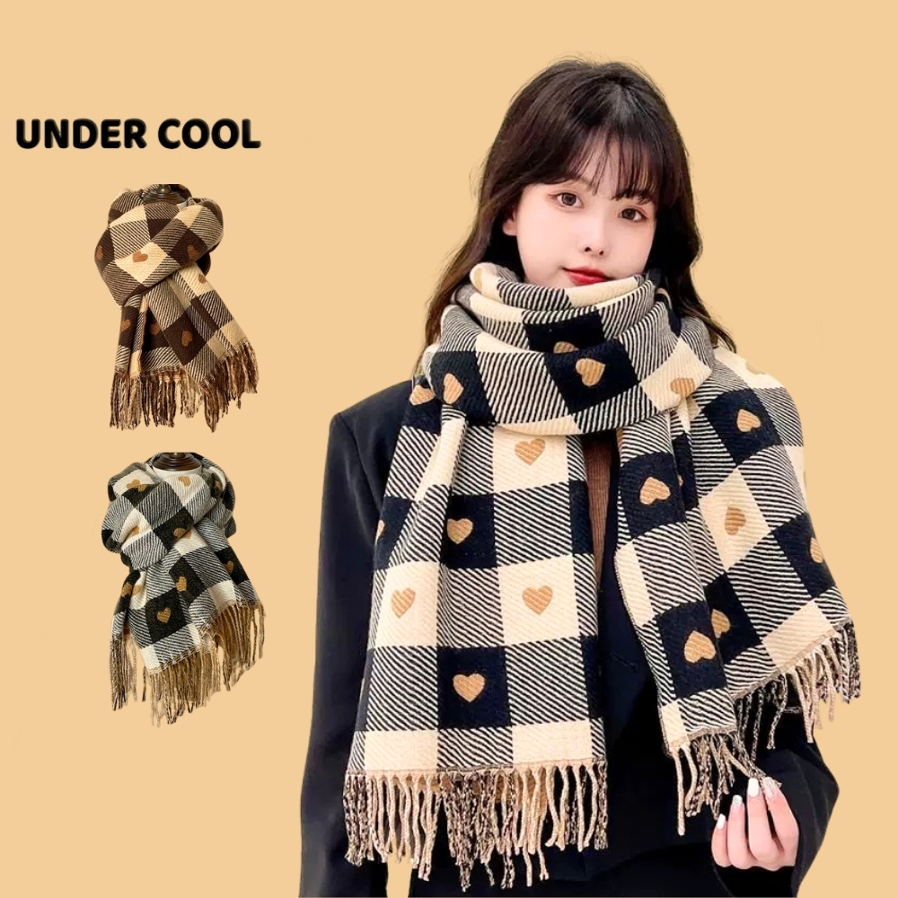 Khăn dạ Khăn choàng cổ mùa đông UNDERCOOL len mềm dày dặn họa tiết tim nhỏ phối ô vuông đại Hàn KC04