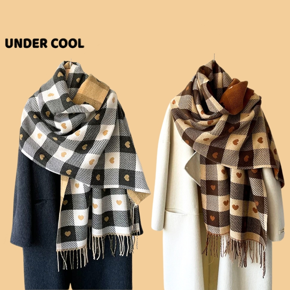 Khăn dạ Khăn choàng cổ mùa đông UNDERCOOL len mềm dày dặn họa tiết tim nhỏ phối ô vuông đại Hàn KC04