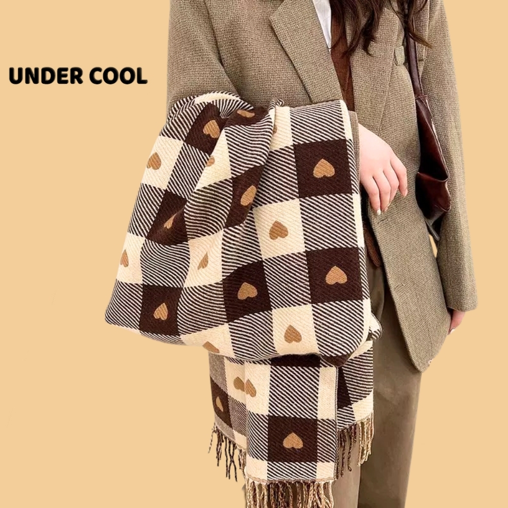 Khăn dạ Khăn choàng cổ mùa đông UNDERCOOL len mềm dày dặn họa tiết tim nhỏ phối ô vuông đại Hàn KC04