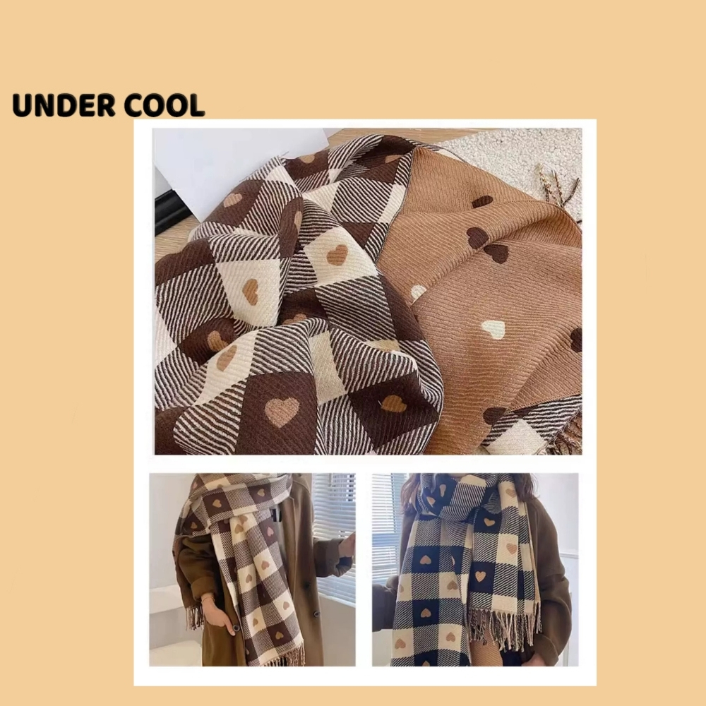 Khăn dạ Khăn choàng cổ mùa đông UNDERCOOL len mềm dày dặn họa tiết tim nhỏ phối ô vuông đại Hàn KC04