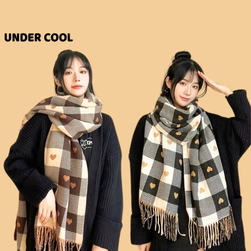 Khăn dạ Khăn choàng cổ mùa đông UNDERCOOL len mềm dày dặn họa tiết tim nhỏ phối ô vuông đại Hàn KC04