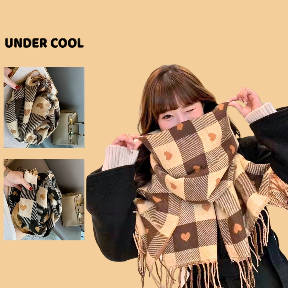 Khăn dạ Khăn choàng cổ mùa đông UNDERCOOL len mềm dày dặn họa tiết tim nhỏ phối ô vuông đại Hàn KC04