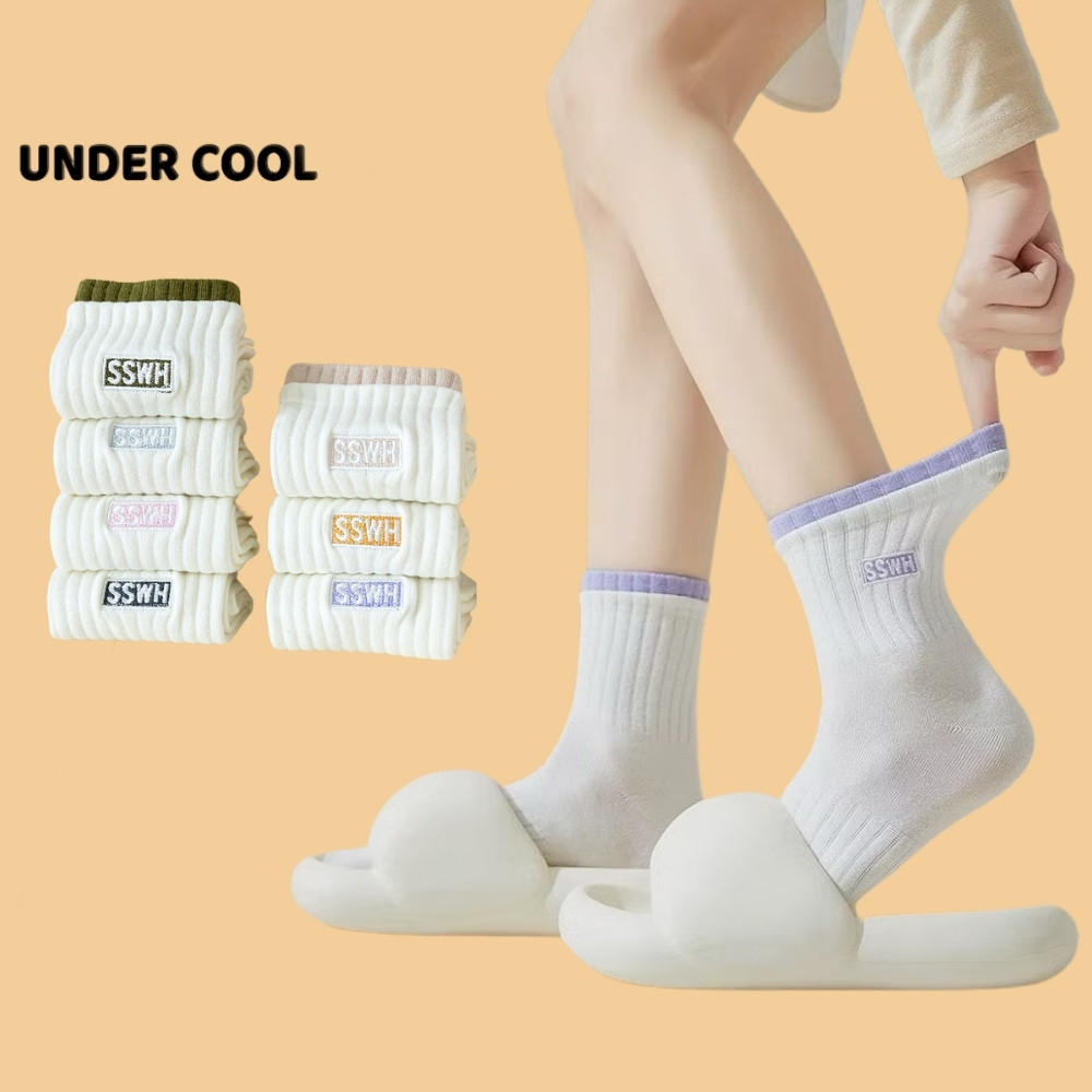 Set 5 Đôi Tất Vớ cho Nữ Cotton Cao Cổ UNDERCOOL Phối Viền Màu Họa Tiết In Chữ CB-TC66