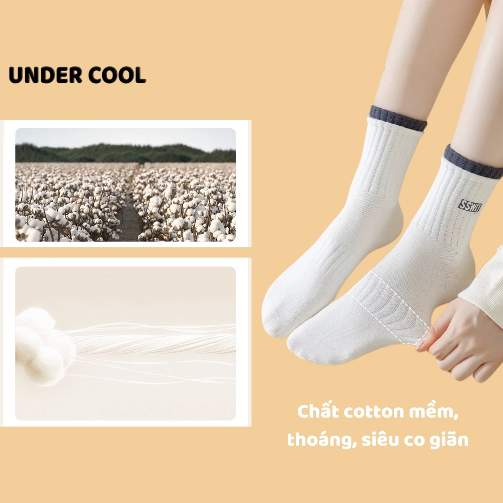 Set 5 Đôi Tất Vớ cho Nữ Cotton Cao Cổ UNDERCOOL Phối Viền Màu Họa Tiết In Chữ CB-TC66