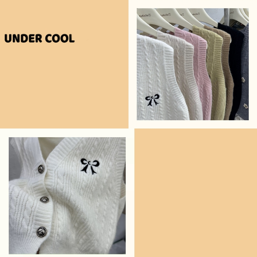 Áo Gile Thêu Nơ Ngực Cổ V UNDERCOOL, Áo Len Dệt Kim Dáng Ngắn Phối Cài Khuy Vặn Thừng Màu Trơn ABL30