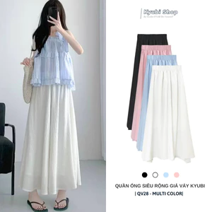 Quần ống rộng dài giả váy nữ có bigsize chất đũi hàn lửng 2 lớp cạp cao lưng chun che khuyết điểm - Quần váy Kyubi QV28