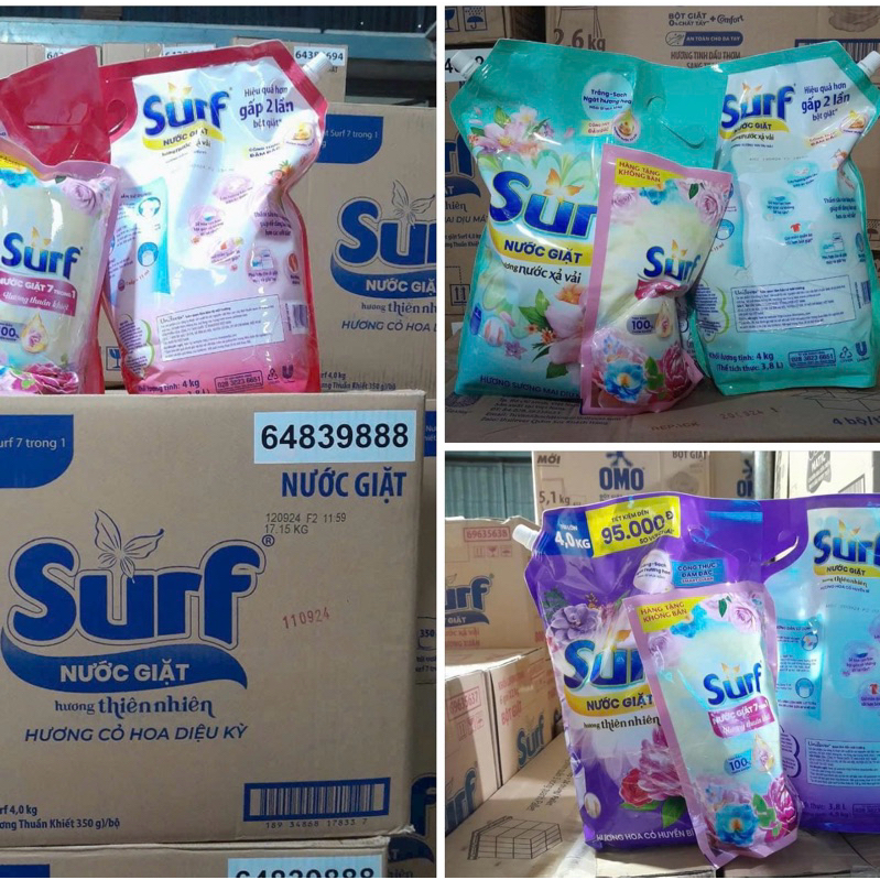 (túi 3.6kg) NƯỚC GIẶT SURF TÚI 3 MÀU XANH/HỒNG/TÍM - SURNG