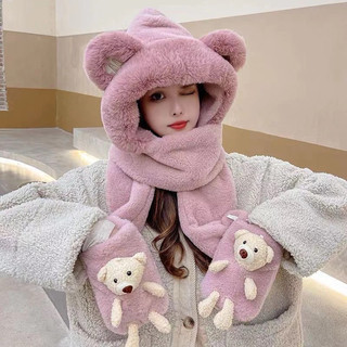 Mũ Gấu Lông Thỏ 3in1 - Mũ trùm đầu, mũ len, khăn cổ và găng tay gắn hình gấu dễ thương 🌸 tuyển sỉ🌸