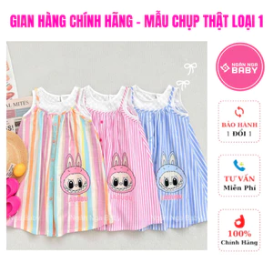 Váy Gấu Labubu Kẻ Sọc Phối Xô Siêu Xịn Mát, Đầm Thiết Kế NGÂN NGA BABY Siêu Đáng Yêu Dành Cho Bé Gái.