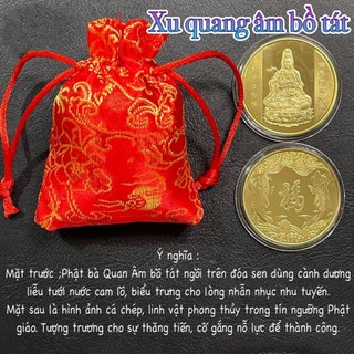 🌸BÁN CHẠY🌸 Đồng Xu Quan Âm Bồ Tát Phong Thuỷ May Mắn Tặng Kèm Túi Gấm