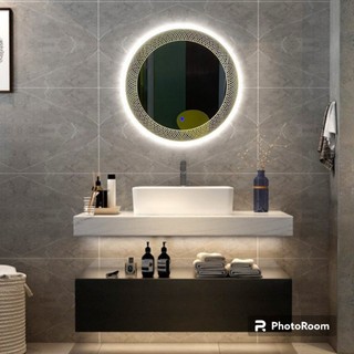 Gương led tròn cảm ứng treo tường hoa văn,Gương trang điểm,Treo phòng tắm - Diamond Mirror T-KHV-64