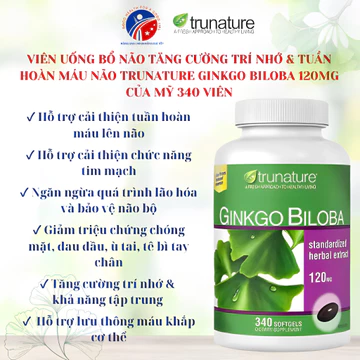 Viên Uống Bổ Não Tăng Cường Trí Nhớ, Tuần Hoàn Não Trunature Ginkgo Biloba 120mg (Bill Mỹ) 340 Viên