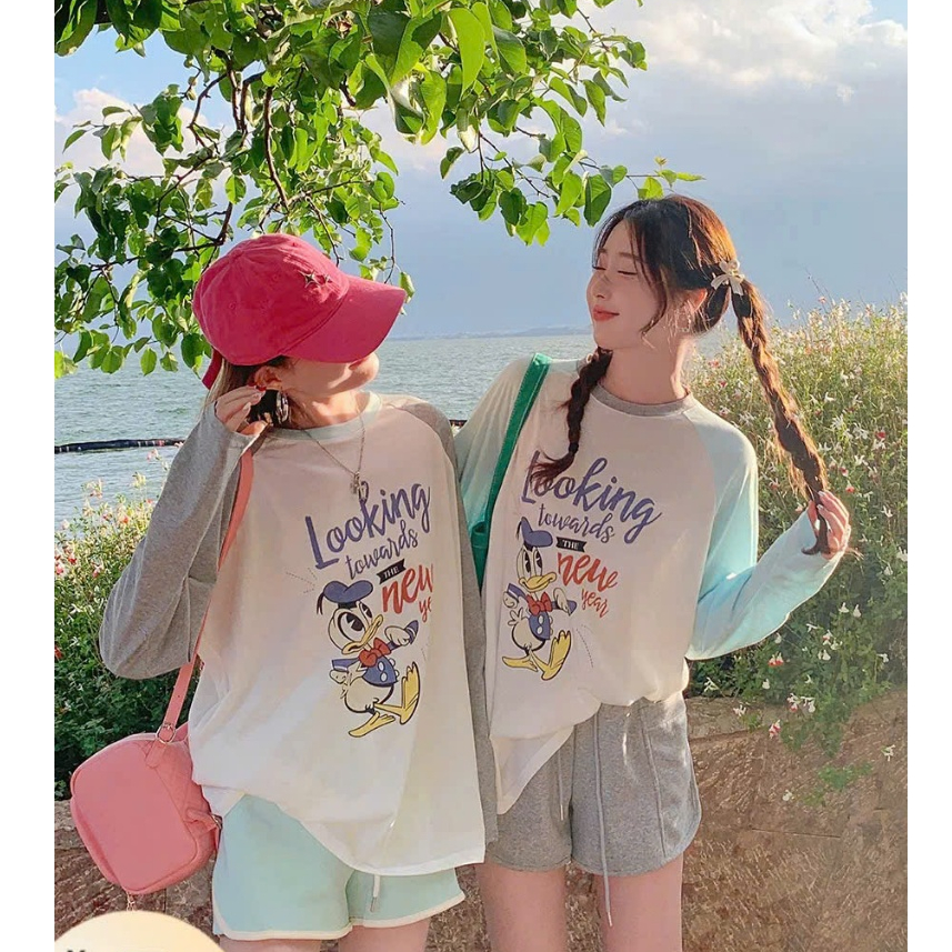 Áo dài tay phối màu Trắng Xám in hình JULY fashion2023, Áo thun nữ tay dài phối màu chất Cotton xược form rộng dáng dài
