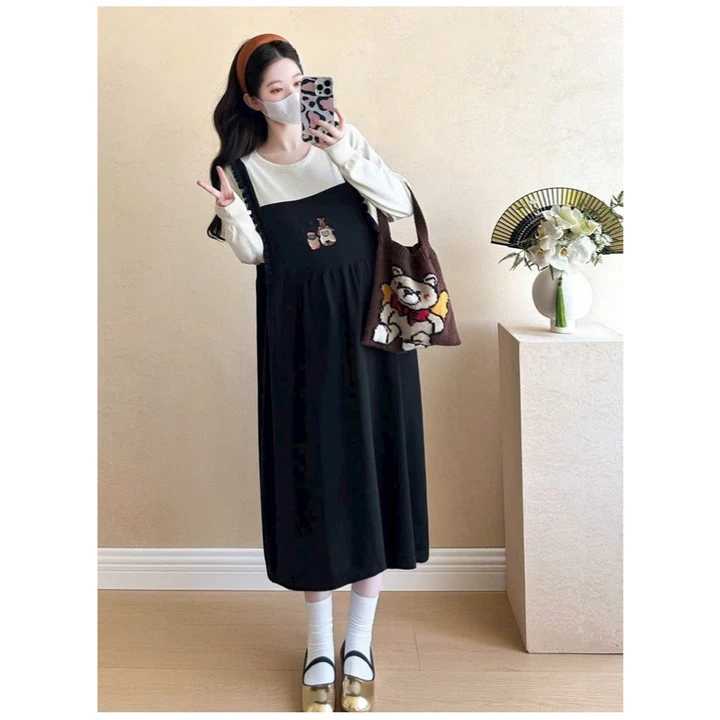 Váy bầu, đầm bầu giả yếm dài tay, đầm bầu thu đông hàng thiết kế thêu tinh xảo dáng dài TO75, mẹ bầu mặc đi làm đi chơi