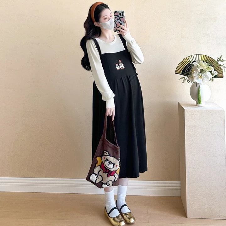 Váy bầu, đầm bầu giả yếm dài tay, đầm bầu thu đông hàng thiết kế thêu tinh xảo dáng dài TO75, mẹ bầu mặc đi làm đi chơi