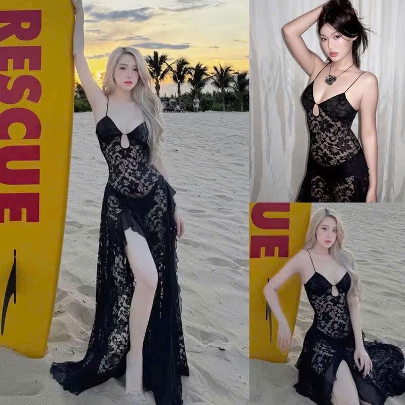 Váy Ren Đi Biển Hai Dây Xuyên Thấu Dáng Dài,Váy Maxi Xẻ Đùi kèm quần trong  sang chảnh (sẵn mút)Women HAN.TShop BKN079
