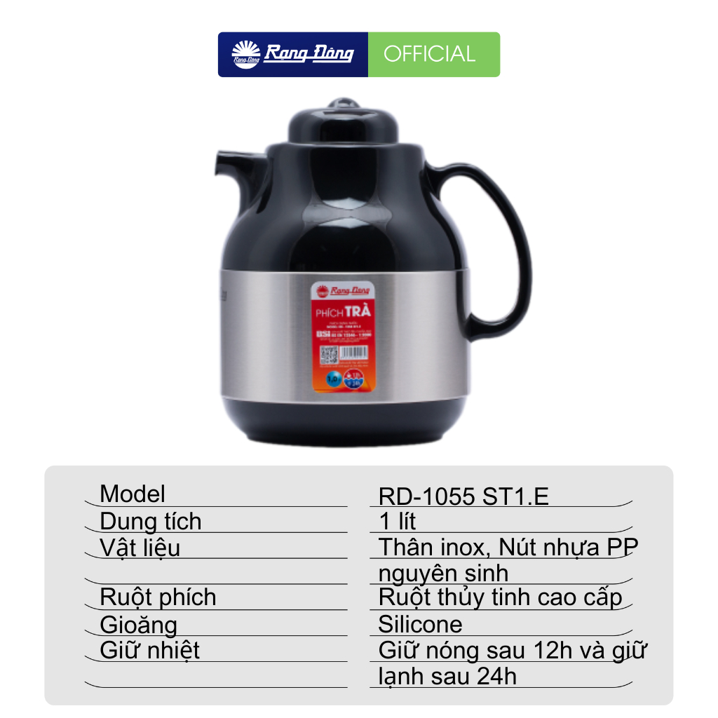 Ảnh Phích pha trà giữ nhiệt 1 lít Vỏ INOX RẠNG ĐÔNG Model: RD 1055 ST1.E 1