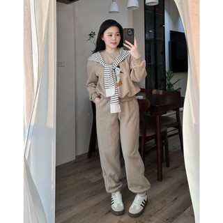 Set Bộ Đồ Nỉ 2 Da Bé Gái Áo Nỉ Dài Tay Kèm Khăn THuỷ Thủ Kẻ Đen Trắng Mix Quần Dài Boom Gấu Freesize