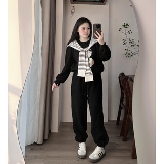 Set Bộ Đồ Nỉ 2 Da Bé Gái Áo Nỉ Dài Tay Kèm Khăn THuỷ Thủ Kẻ Đen Trắng Mix Quần Dài Boom Gấu Freesize