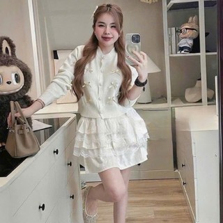 Set áo váy len nơ Quảng Châu Cao Cấp thiết kế gồm áo len và chân váy tầng phối ren siêu xinh