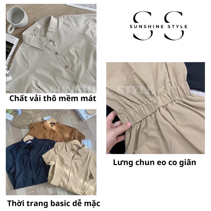Đầm váy nữ bigsize Sunshine Style váy sơ mi thô đũi cộc tay chun eo dáng dài váy cổ polo 5915