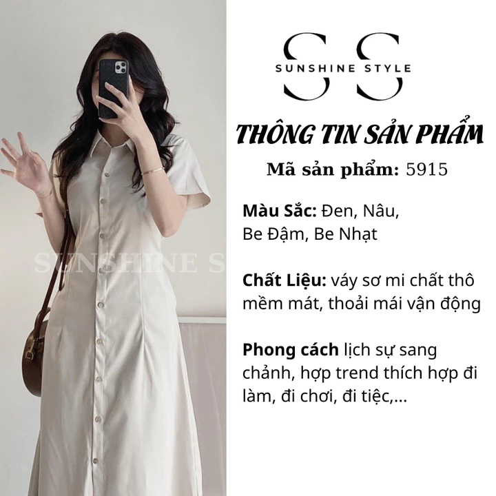 Đầm váy nữ bigsize Sunshine Style váy sơ mi thô đũi cộc tay chun eo dáng dài váy cổ polo 5915