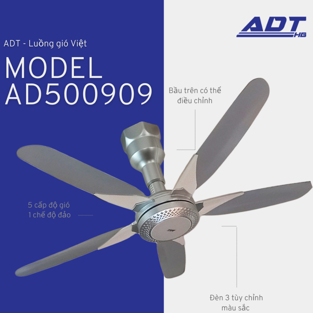 Quạt trần ADT Model AD500909 Động cơ DC Inverter 55W - Cánh 1500 (mm ...