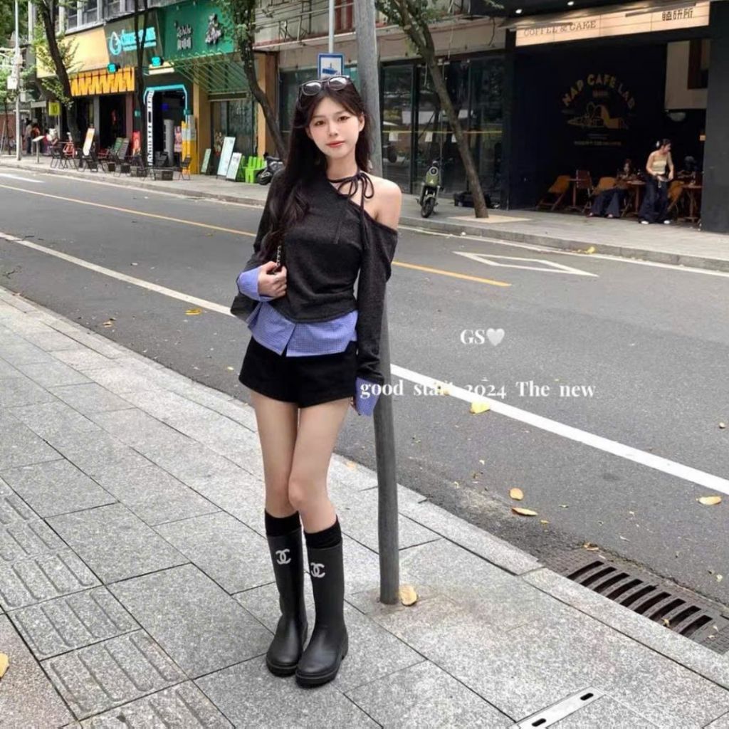 Áo thun nữ tay dài lệch vai Sicily phối màu rúm eo ATPLV